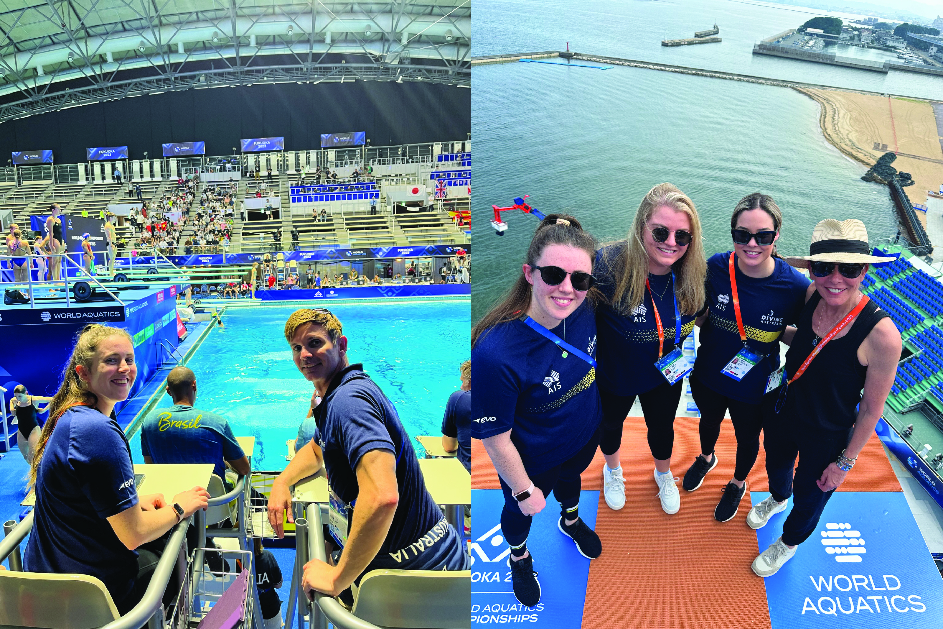 2 photo collage. Image 1 is Emma Lynch and her coach inside diving champs. Image 2 is Emma Lynch and 3 other coaches standing on top of diving board outside.