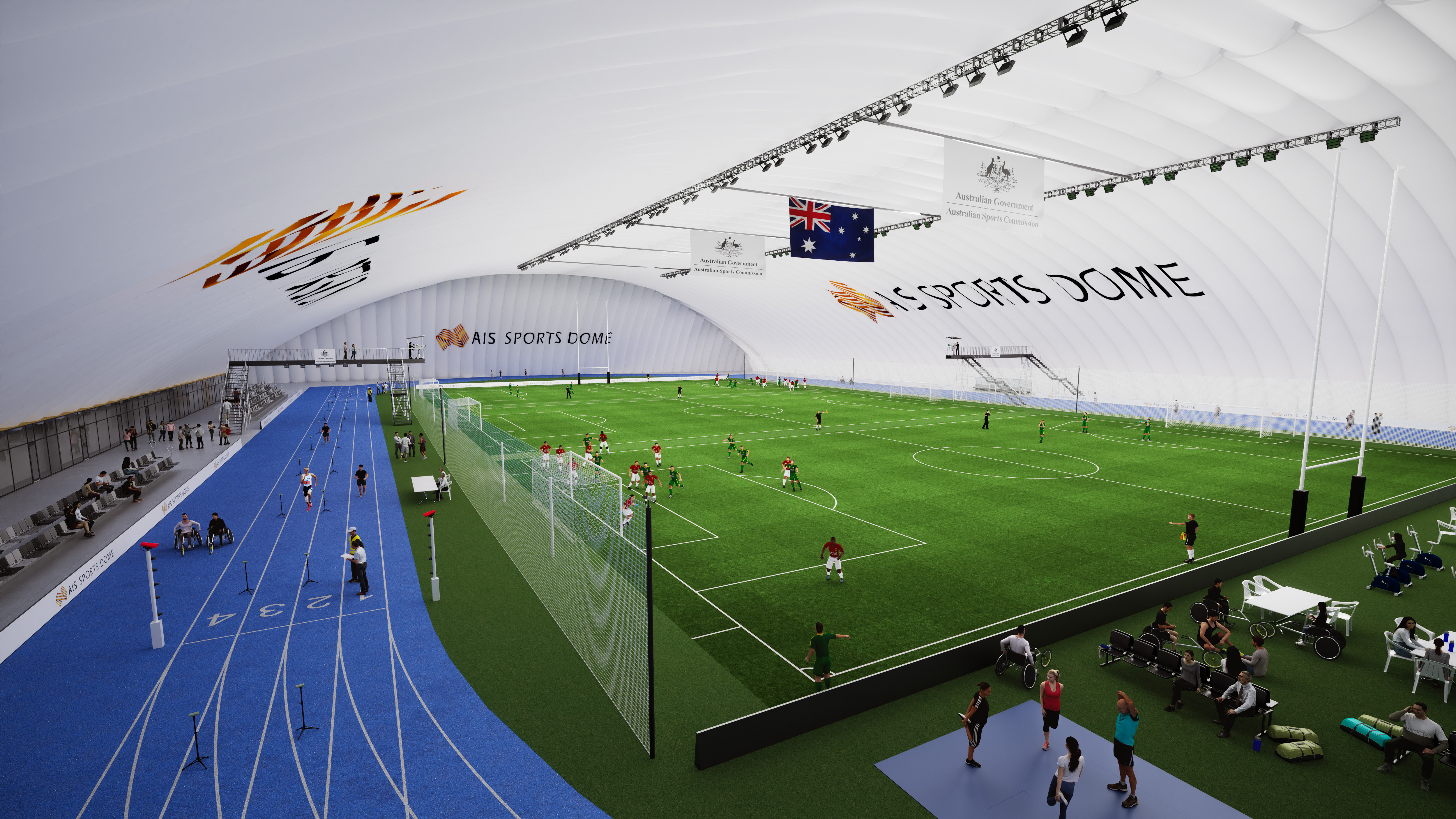 An artist's impressions of what the AIS indoor sports dome will look like, Featuring a 24/7 all-weather training facilities for track and field sports .