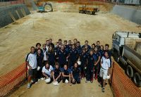 New AIS Pool Aquatic Centre construction site team shot front L/R: Helena Bryant (Administrator), Stephanie Williams, Felicity Galvez, Melanie Houghton. 2nd Row L/R: Pierre Lafontaine (Head Coach), Linda MacKenzie, 2005