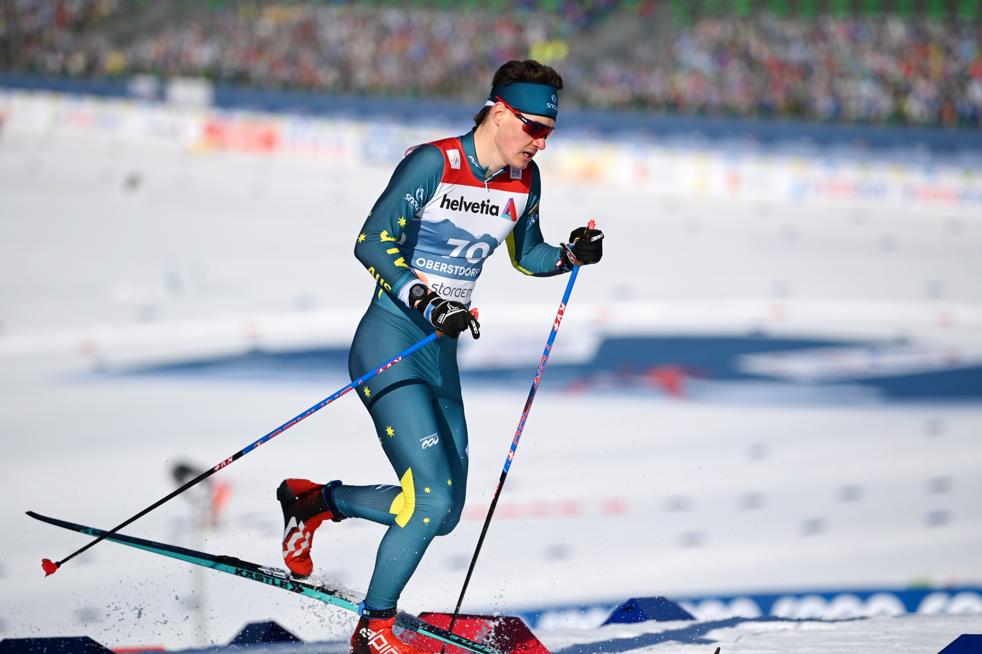 Cross-country skier Seve de Campo mid competition.