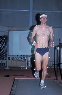 Athlete wearing reflective markers for biomechanics analysis 2003