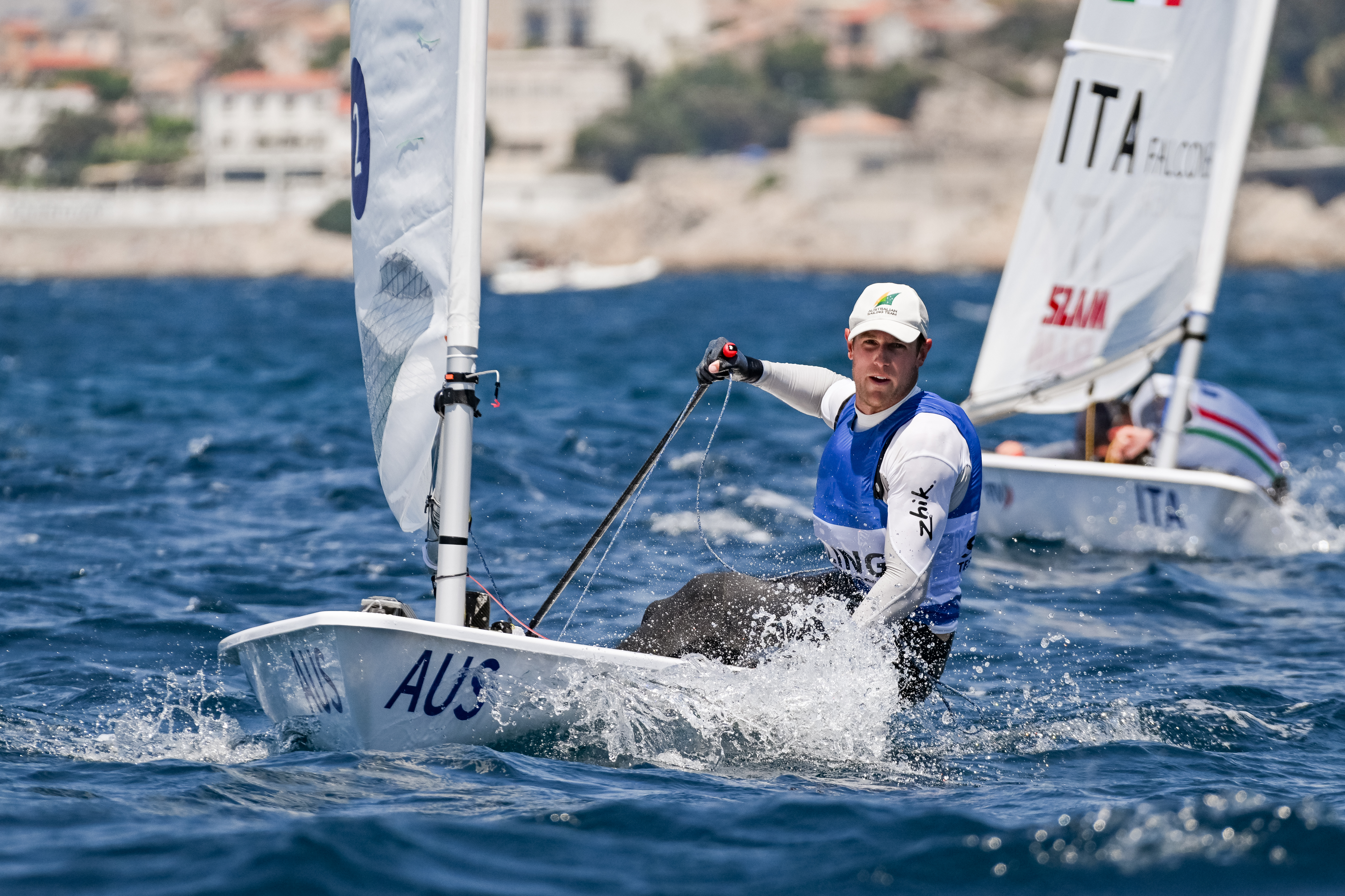 Matthew Wearn representing AUS ILCA 7 racing the ILCA 7 medal race during day seven of the Paris 2024 Sailing Test Event at Marseille Marina