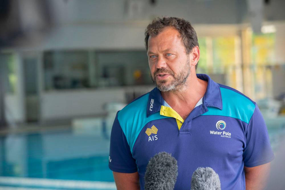 Aussie Stingers Water Polo team coach Predrag Mihailovicspeaks to media at the AIS.