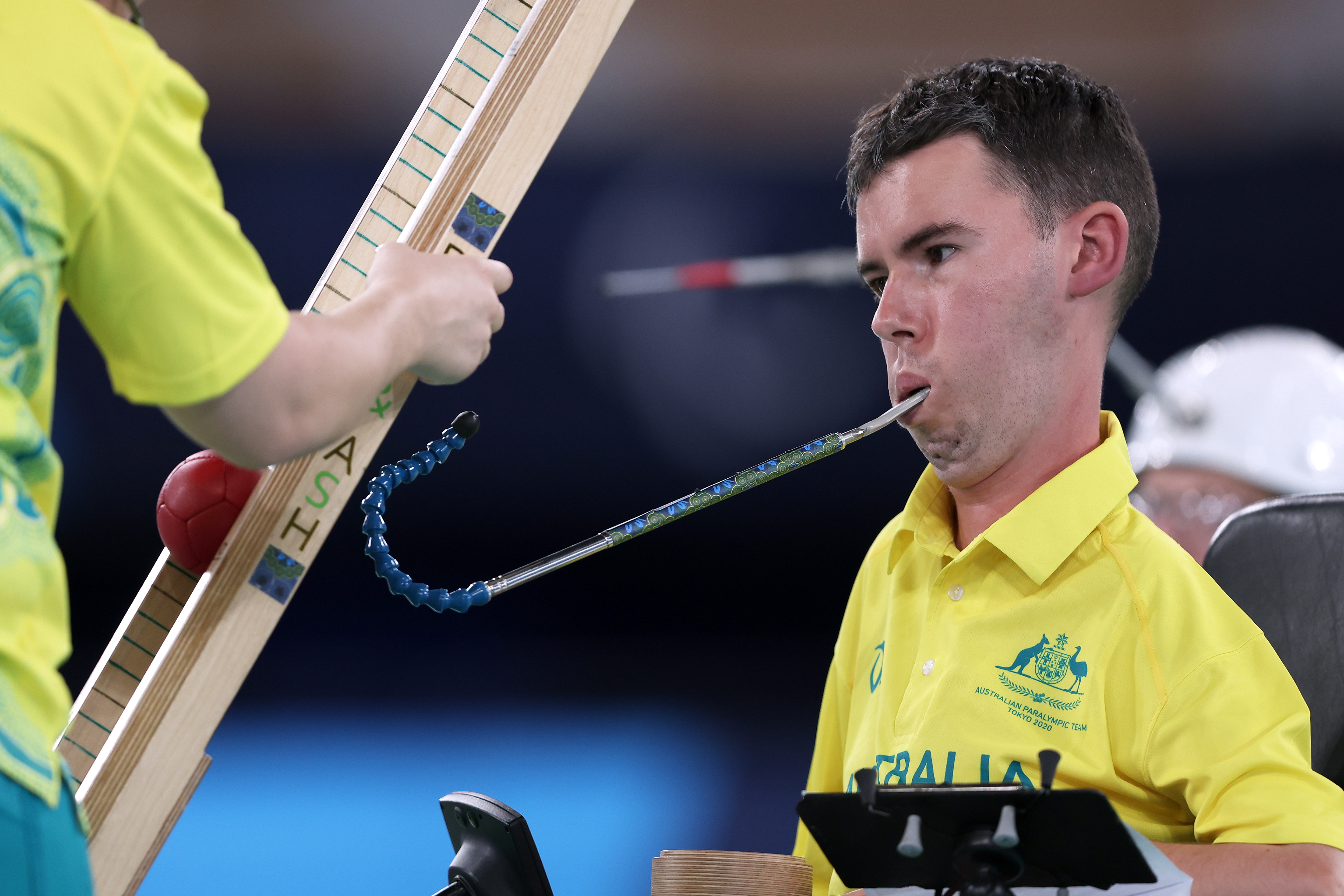 Daniel Michel of Team Australia competes against Scott McCowan of Team Great Britain in the Boccia Mixed Individual - BC3 Bronze Medal match on day 8 of the Tokyo 2020 Paralympic Games