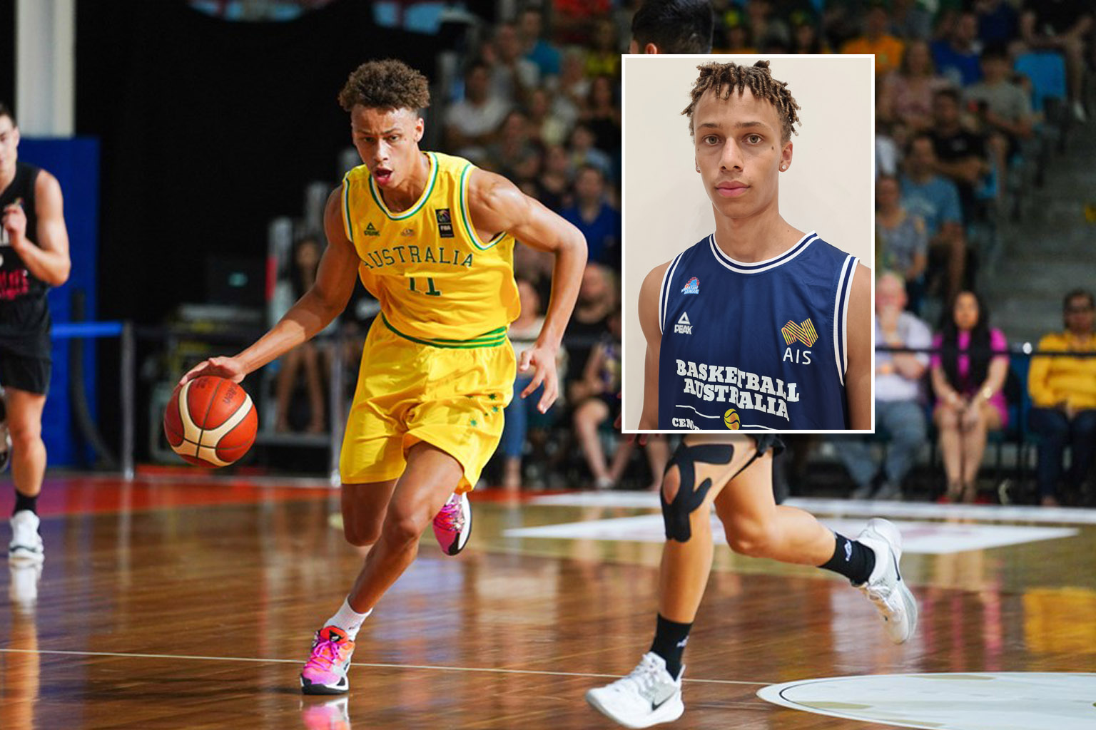 Dyson Daniels playing basketball for Australia, inset of Dyson wearing Basketball Australia Centre of Excellence jersey.