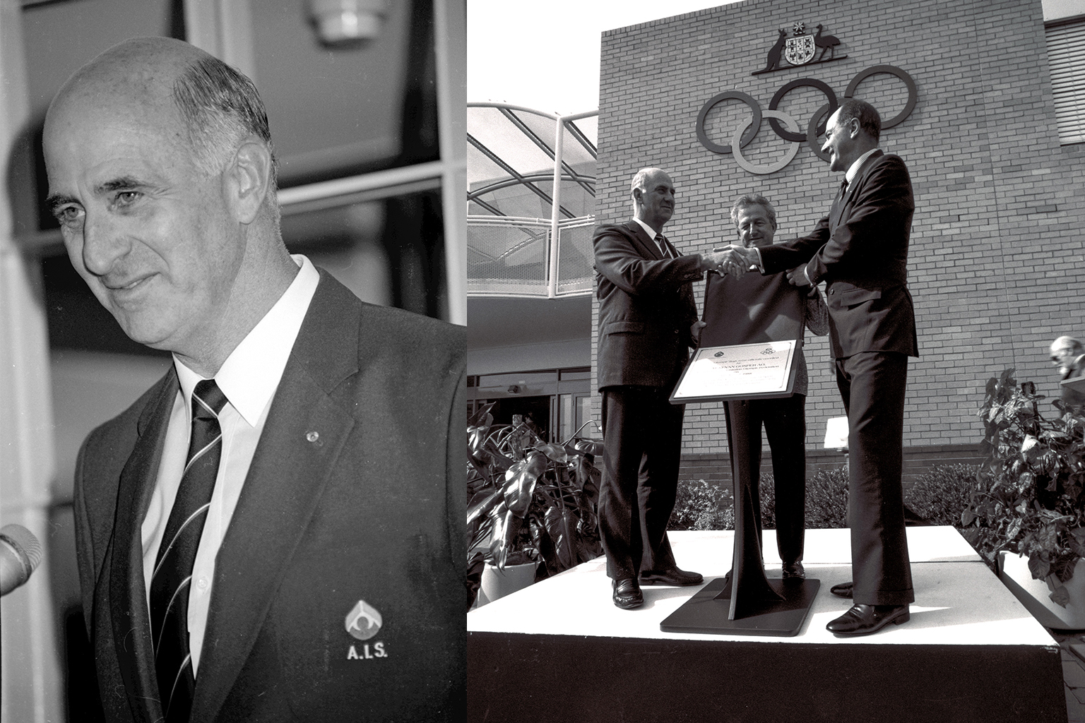 Image shows John Bloomfield left smiling and right shows an unveiling Of Olympic Rings On Administration Building Prof. John Bloomfield AIS Chair, Phil Coles, Kevan Gosper