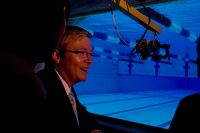 Prime Minister Kevin Rudd observes AIS swimmers training for the Beijing Olympics 2008