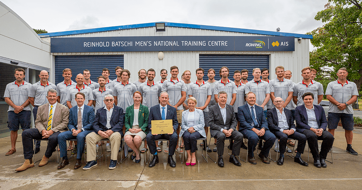 Minister for Sport, Senator the Hon. Richard Colbeck, centre, with athletes and other guests at Rowing Australia's Reinhold Batschi Men's National Training Centre