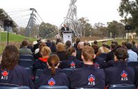 AIS Athletes listen to Senator Rod Kemp Minister for the Arts at the AMP Olympic Sculptures launch 2003