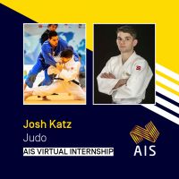 graphic with photos of Josh Katz competing and headshot. Text: Josh Katz, Judo, AIS Virtual Internship