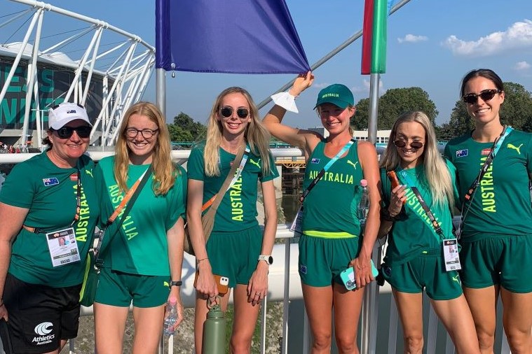 Jody Erbacher (left) with some of her athletes including daughter Brielle (3rd from right).