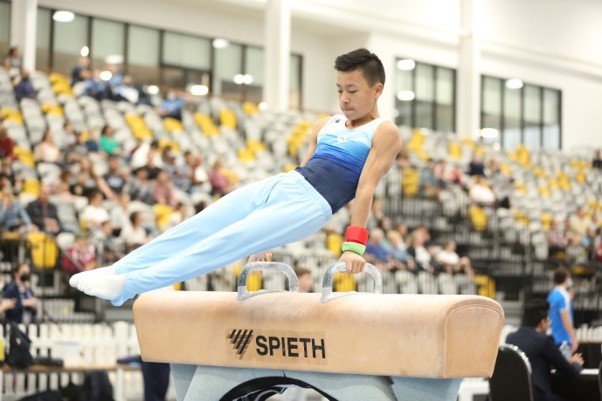 Child gymnast balances on beam.