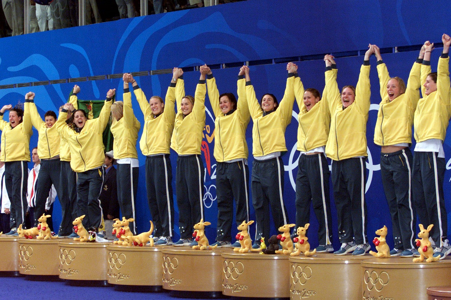 The Australian Women's Water Polo team celebrating their gold medal win at the Sydney 2000 Olympic Games.