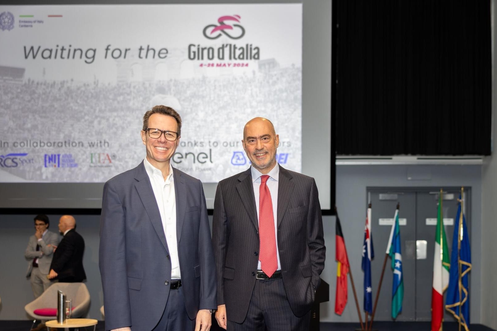 ASC CEO Kieren Perkins OAM and Italian Ambassador Paolo Crudele at the 'Waiting for the Giro d'Italia' event